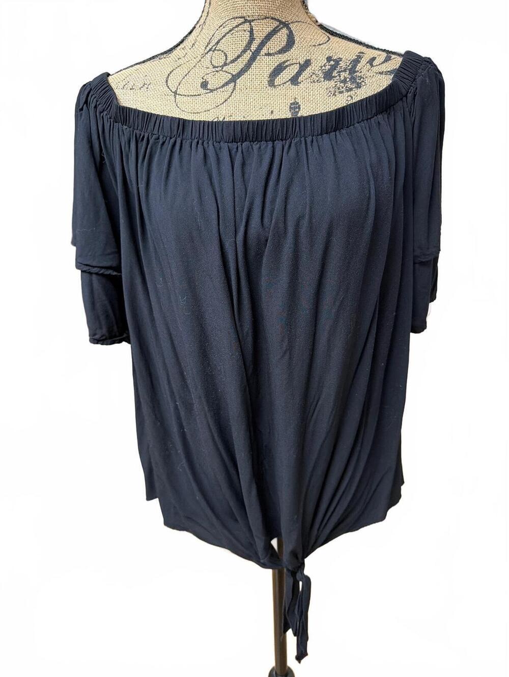 947: Scomchic Curve Black Off-Shoulder Rayon Blouse with Tie Front - 3XL